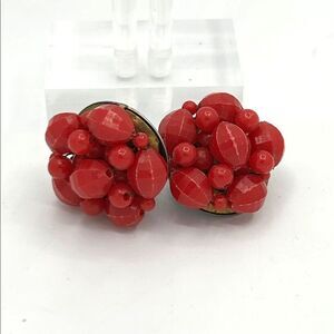 Signed Hong Kong Vintage Red Beaded Clip-On Earrings